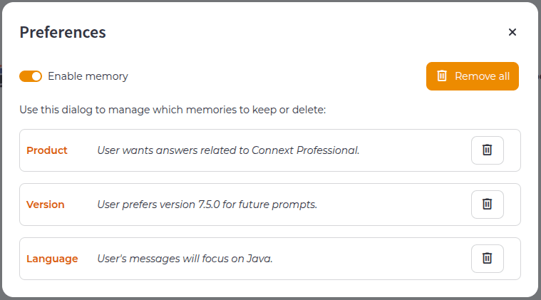 Screenshot showing memory management UI